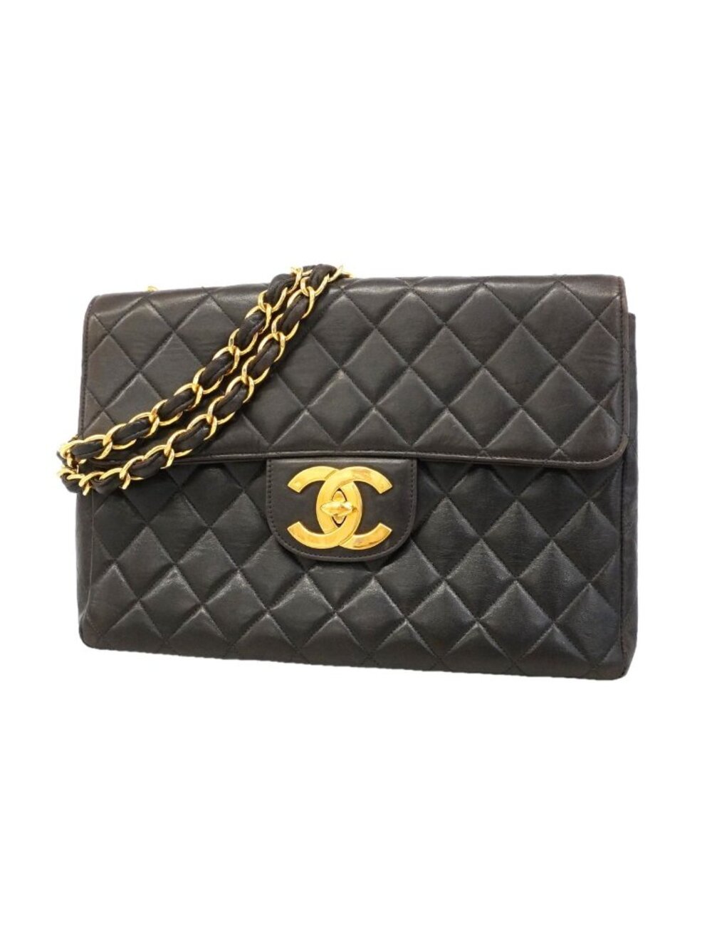 Chanel Shoulder Bag Maxi Quilted Lambskin Black Gold